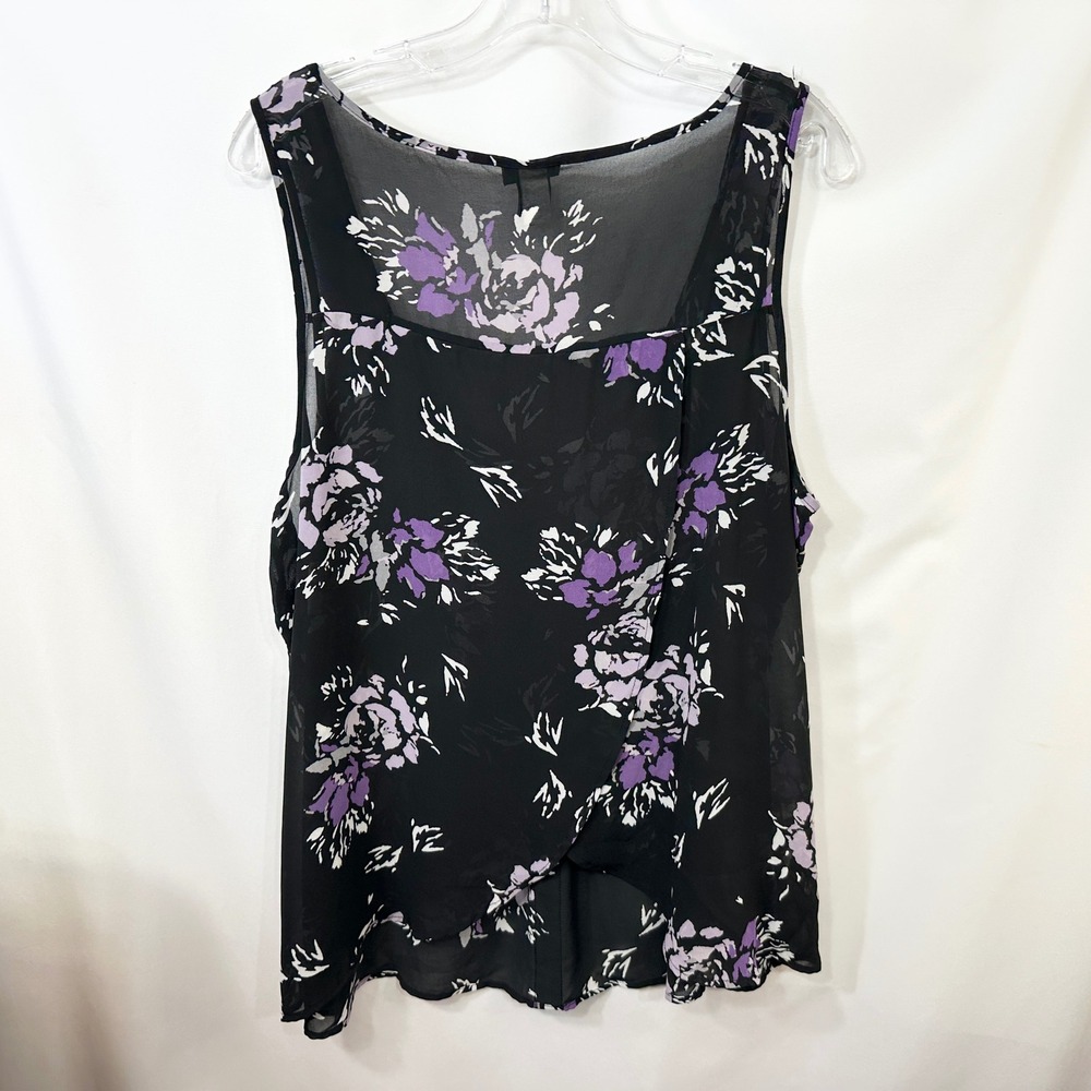 Torrid Plus Size 2X Tank Top Black Purple Floral Chiffon Tulip Back 1695 - Picture 3 of 10
